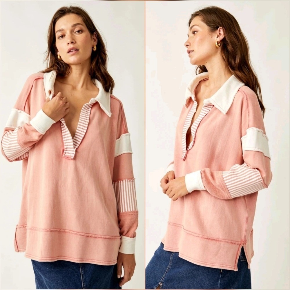Free People We The Free Pink Clean Prep Oversized Rugby Polo Sweatshirt SZ XS